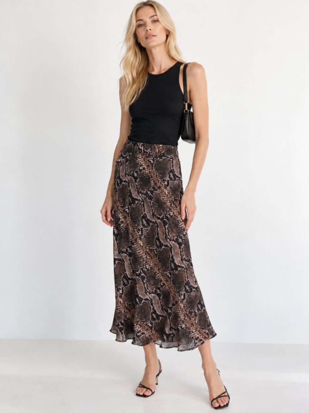 Zara Snake Print Midi Pull-on Skirt Brown Black Animal Print Flowy Classic XS